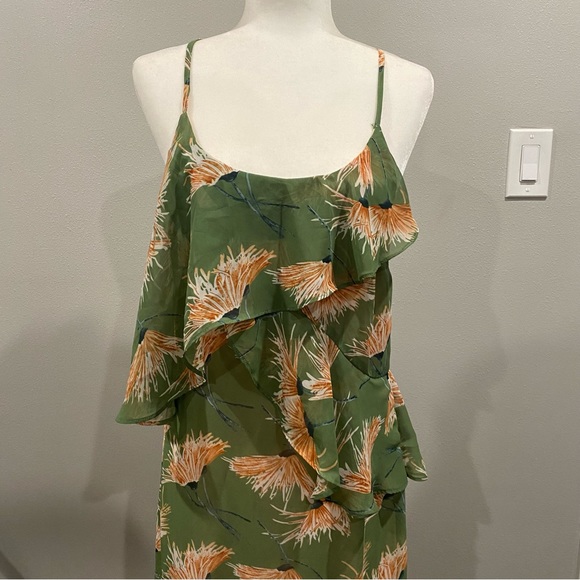 Dress Forum Los Angeles Ruffle Asymmetrical Maxi Dress Green Floral Dandelion M - Picture 2 of 8
